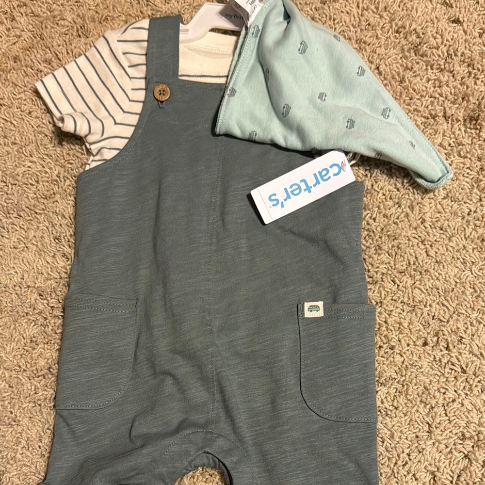 Striped Onesie with Olive Green Overalls and Mint Bib